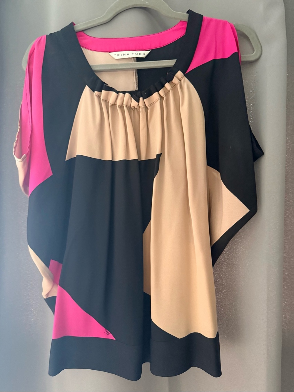 Trina Turk Sleeveless Colorblock Pleated Blouse - Pink, Black, Tan